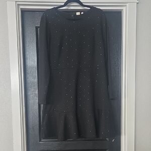 GAP Black And Gold Long Sleeve Fit And Flare Dress With Flounce Hem Size 14